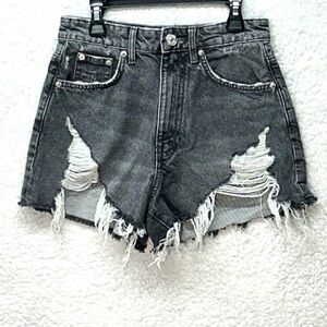 Women's ZARA R13 Distressed Destroyed High Rise Style Washed Out Black Shorts 2‎
